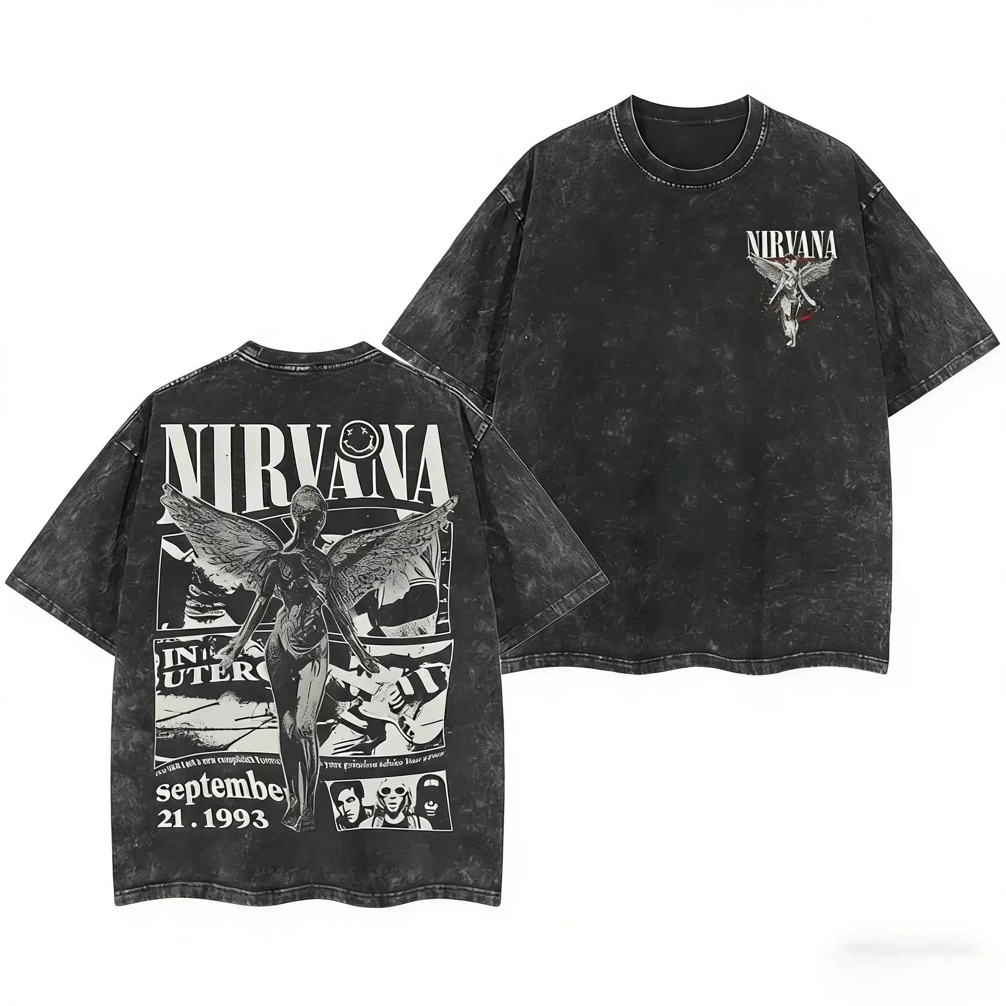 Vintage Nirvana Band Tour Graphic Tee Heavyweight Cotton Washed Black 2-Sided Oversized T-Shirt Unisex Retro Rock Music Lover Gift Casual Streetwear Tops Women Men Y2K Grunge Aesthetic 90s Alternative Clothing Trending Concert Outfit Essential Tee Top