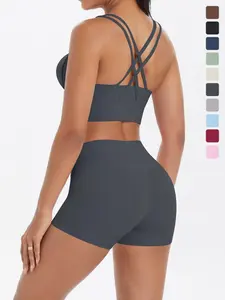 Women's Cross Back Sports Bra & High Waist Shorts Sportswear Set, Solid Sleeveless Crop Top & Skinny Shorts, Workout Gym Yoga Exercise Clothing Set for Women, Spring Sportswear, Athleisure Wear Set, Workout Sets