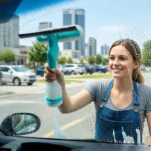 4 in 1 Window Cleaning Kit, Window Vacuum Squeegee Cordless, Window Cleaner Tool with Spray/Brush Cleaner/Wipe Multihead Cleaning Brush for Shower Wall Mirror Glass Car Windshield Countertop