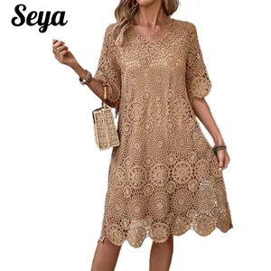 Seya Women’s Summer Lace Dresses Neutral Camel Two-Layer Crochet Aesthetic Tunic Dress Lightweight Breathable Boho Style for Vacation & Daily Wear