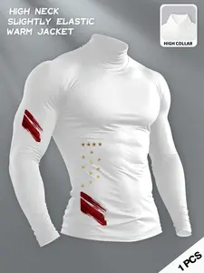 Men's High Neck Slightly Elastic Warm Jacket, Slim Fit Long Sleeve Gold Star & Red Splash Print Thermal Top, Stylish Mock Turtleneck Shirt for Men