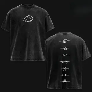 Men’s Unisex Naruto Akatsuki Clan Logo Retro Washed Cotton Graphic Tees, Oversize Heavyweight Short-Sleeve Round Neck Streetwear Top, High-Quality Vintage Casual Wear for Naruto Fans, Mens Gifts