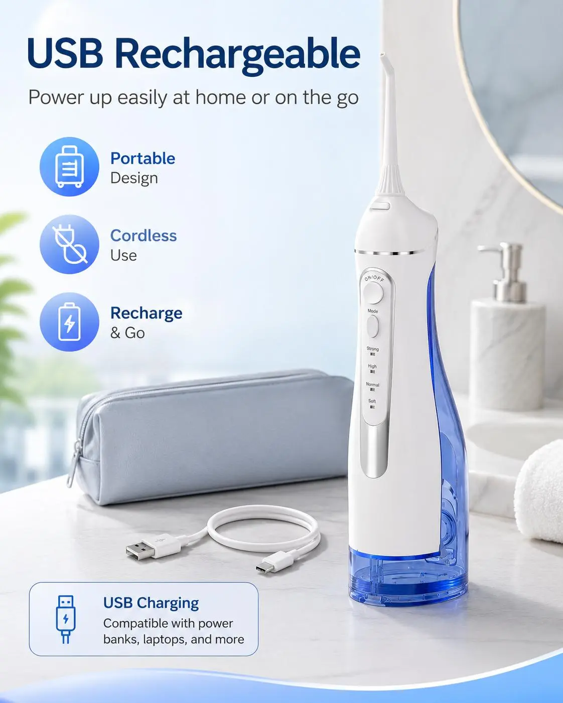 Portable Water Flosser for Deep Cleaning, Cordless Dental Oral Irrigator with 4 Modes and 6 Nozzles for Braces and Gum Care, USB Rechargeable and IPX7 Waterproof for Travel, Dental Floss, Gentle Mode