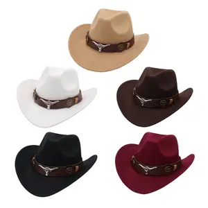 Men's Women's Western Cowboy Cowgirl Wide Brim Hat PU Leather Belt Decor Riding Hat