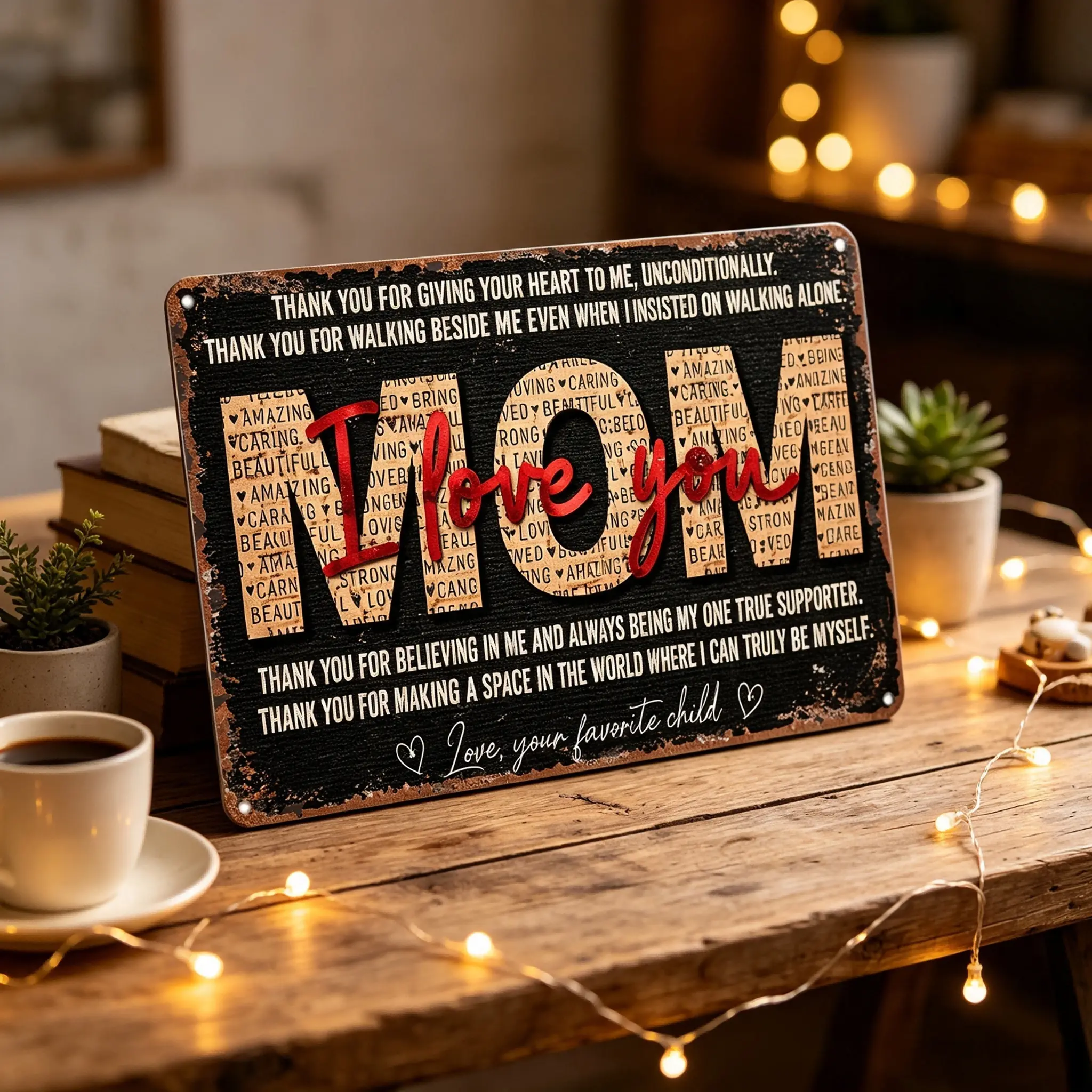 Vintage Metal "I Love You Mom" Quote Plaque, Thank You Mom Home Hanging Wall Decor, Mother's Day Gift
