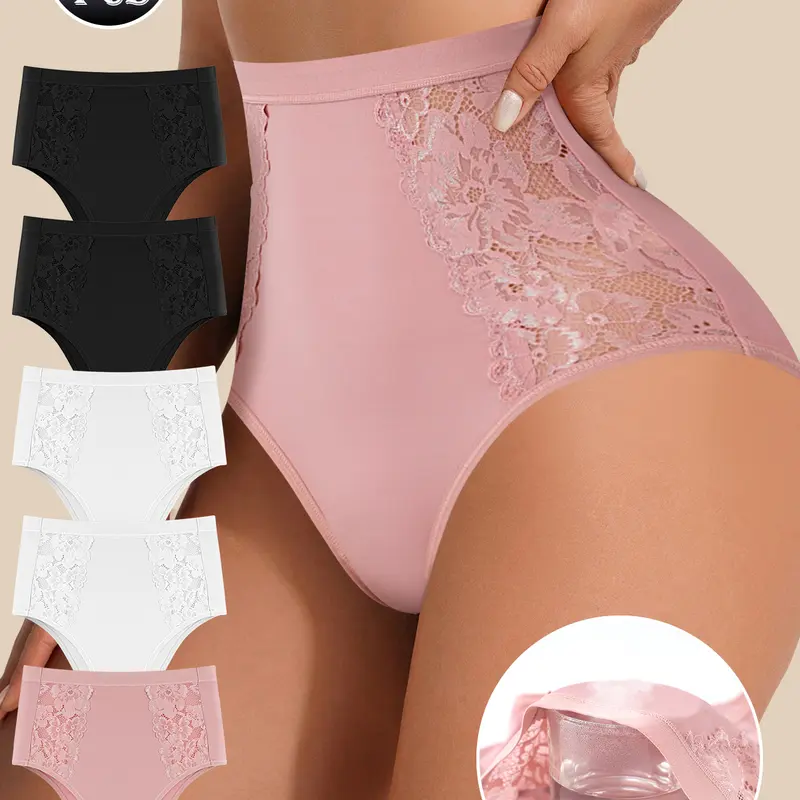 QUASTI Women's High Waisted Underwear Tummy Control Panties Full Coverage Soft Postpartum Stretch Ladies Briefs Lace Side Breathable Stretch Fabric Women Undergarment