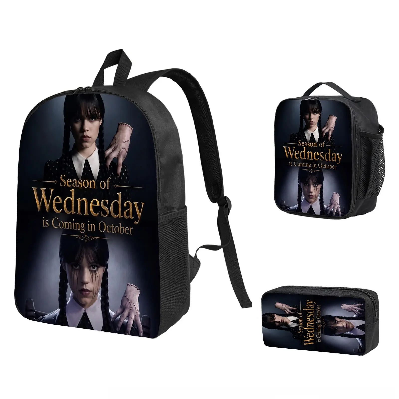 Wednesday 3-in-1 Water Resistant Backpack Combo - School Bookbag with Insulated Lunch Bag & Pencil Case, Back to School Haul Holiday Camping Laptop Daypack Gift for Kids Fans b-251, 3-In-1 Design, Boy, Character Art, First Day Of School