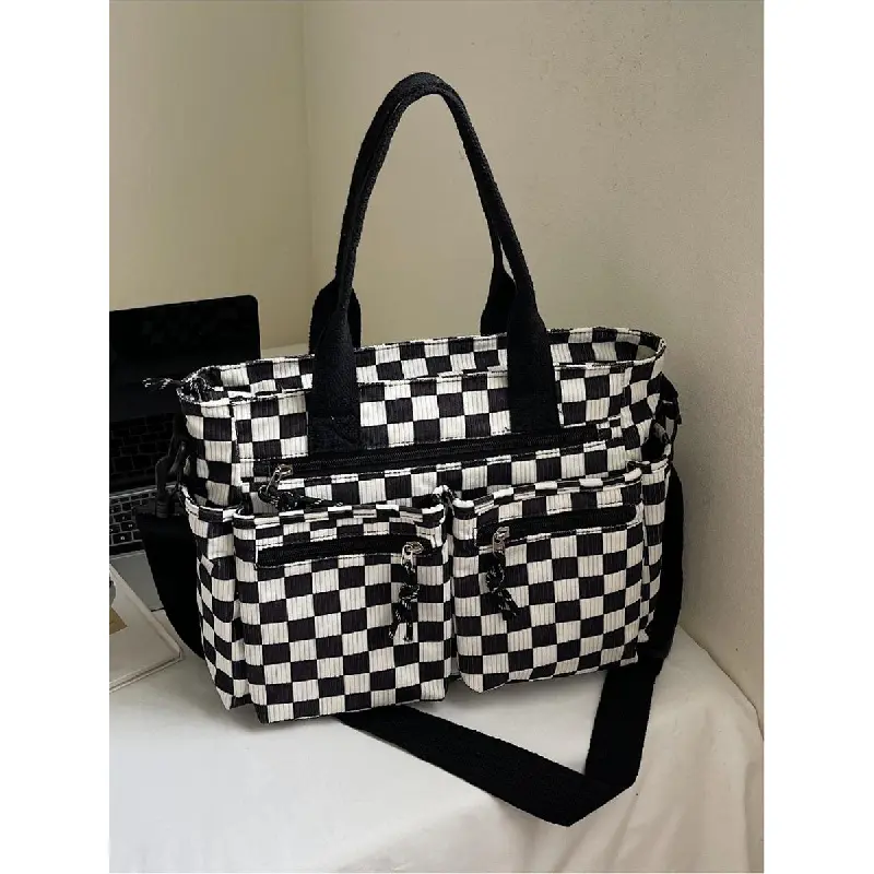 Checkered pattern corduroy large capacity multi pocket mommy bag with simple design, portable crossbody bag for work and daily use, tote bag
