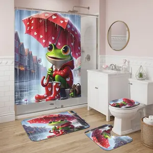 4Pcs Shower Curtain Set Frog, Red Umbrella, Rainy Street, Bathroom Sets with Rugs Valentine's Day, Bathroom Decor Charming Frog With Red Umbrella And Rainy Street For Romantic Valentine's Bathroom Ambiance