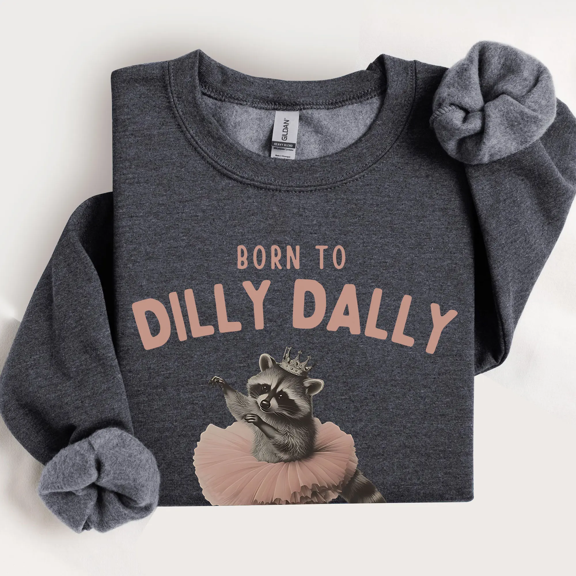 Raccoon Born to Dilly Dally Sweatshirt, Racoon Meme Tee, Ironic Tee, Unhinged T Shirt, Gift for Raccoon Lover, Balletcore, Sarcastic Weird stuff