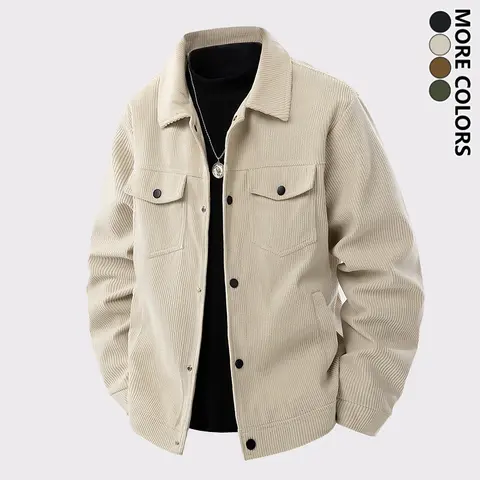 Men's Fitted Korean Retro Solid Corduroy Long-Sleeve Jacket - Men's Clothing, Smart Casual Lapel Coat with Chest Pocket for Spring, Autumn Daily Use