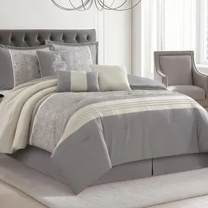 Grey  Comforter Set, Damask Jacquard with Matching Solid  Work, 7 count Soft Bedding Set for  Season, Bed Skirt, Pillow Shams and Decorative Pillows
