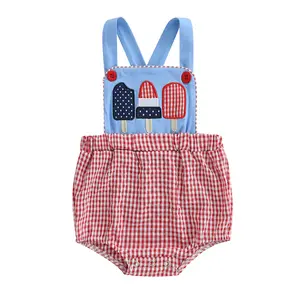 Baby Fourth of July Romper for Girls Sleeveless Ice Cream Embroidery Bodysuit Newborn Playsuit