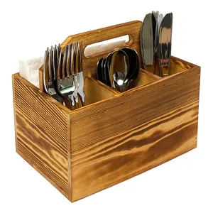 Utensil and Napkin Holder Flatware Caddy with Handle Rustic Wood