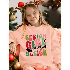 [White SLEIGH SLEIGH Print] BLUE SAILOR Girls' Christmas Sleigh & Reindeer Sweatshirt - Cozy White Winter Pullover, Round Neck Long Sleeve, Hand Washable