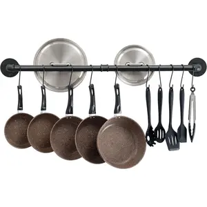 38 Inch Wall Mounted Detachable Pot Bar Rack, Pans Hanging Rail with 14 S Hooks, Black Kitchen Hanger for Lids and Utensils