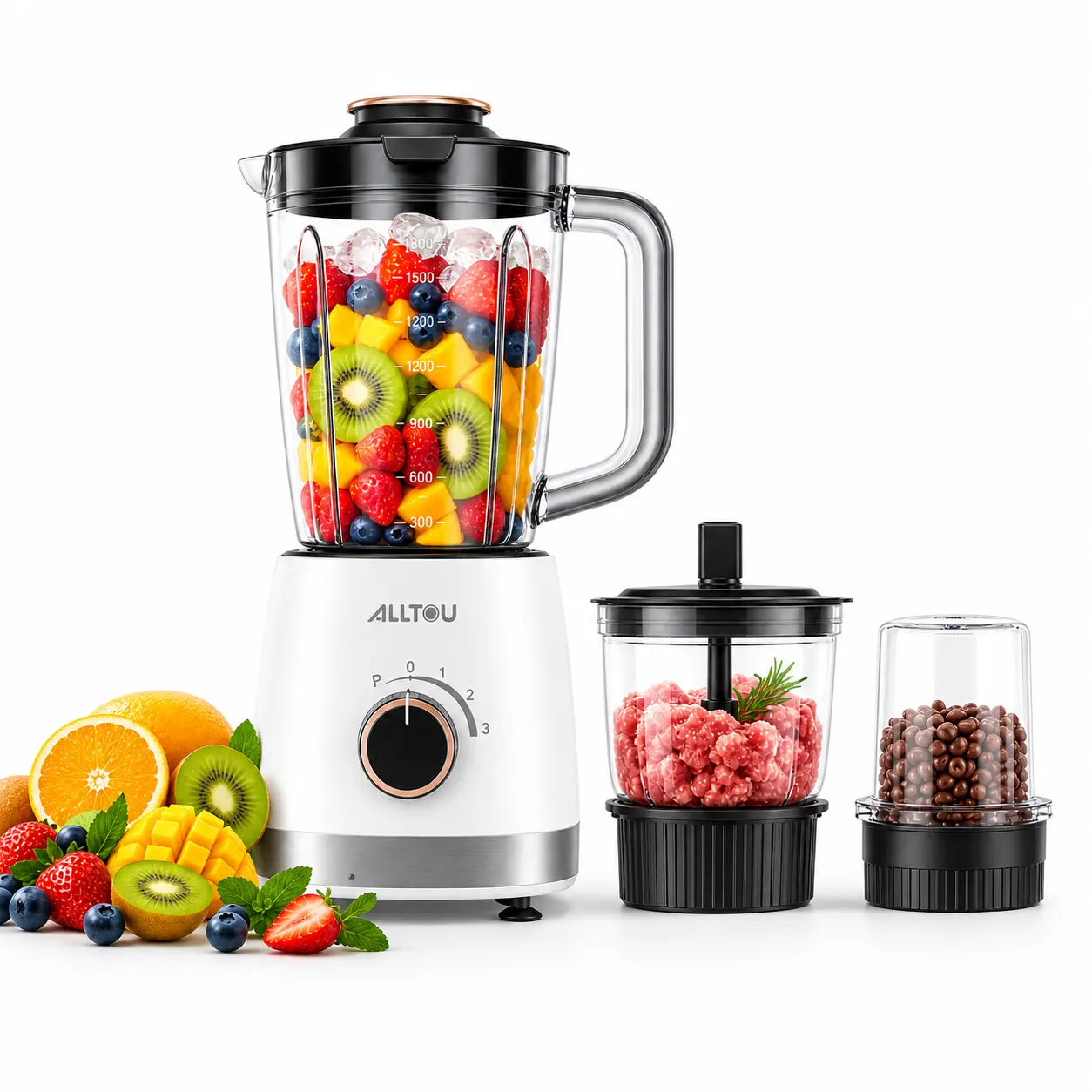 Alltou 3-in-1 Smoothie Blender & Meat Grinder, 5-Speed Food Chopper with Pulse, Kitchen Processor for Baby Food, Fresh Juice, Sauce & Meal Prep Fruit Vegetable Juicer Powerful Juicer Machine