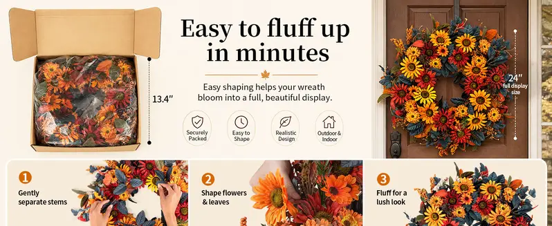 Thanksgiving Fall Wreath with Berries & Leaves, Hook Included, Festive Home Decor for Porch Wall, Room Decor Thanksgiving Fall Wreath with Berries & Leaves, Hook Included, Festive Home Decor for Porch Wall, Room Decor
