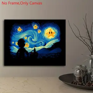 1 piece/set frameless canvas painting print poster,Classic fantasy Post-Impressionism pop art,Super Star Mario Starry Night,perfect gift for video game lovers,ideal gift for bedroom,office,living room,dorm hallway,kitchen,mural,wall decoration,room decor