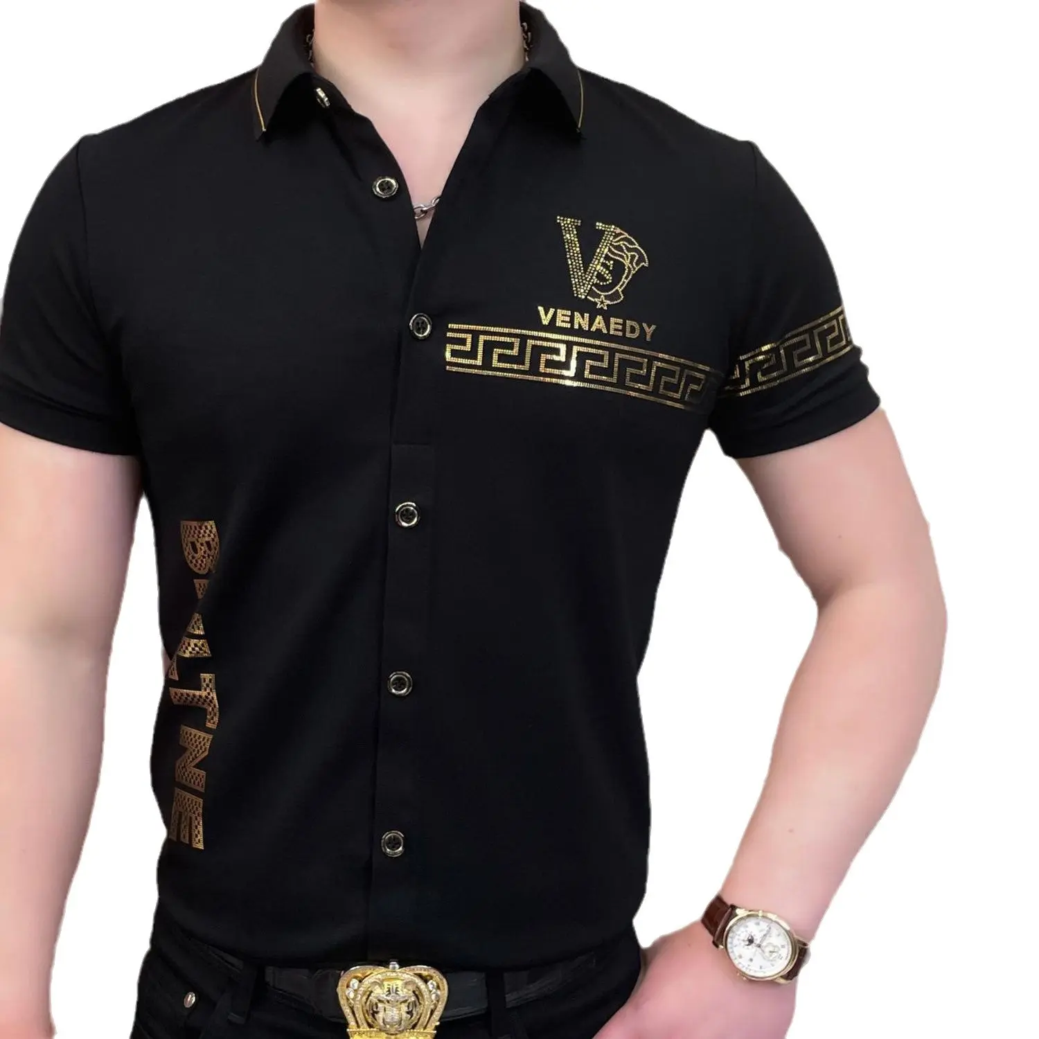 Men's Fashion Casual Summer Half Sleeve Trendy Slim Fit Turn-down Collar Laser Piece Wealthy Handsome Thin Style