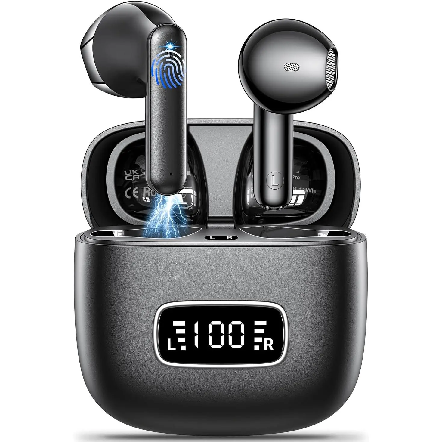 Black Wireless In-Ear Bluetooth 5.3 Electronic Headset Earbuds, Noise Canceling Wireless Headphones with 4 ENC Mics, Hi-Fi Stereo Sound, LED Display, IPX6 Waterproof, Touch Control, Mini Plastic Design for iPhone 14, Android Devices, Active Noise Cancella