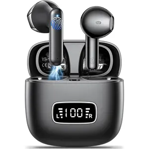 Wireless Earbuds Headphones Bluetooth 5.3 with 4 ENC Noise Cancelling Mic Ear Buds Hi-Fi Stereo LED Screen IPX6 Waterproof Touch Control Mini Ear Buds Wireless Earbuds for iPhone Android Black