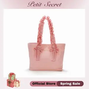 Petit Secret Large Tote Bag, Coquette Commuter Bag, Niche Shoulder Bag with Bow, Pleated Lace Trim Canvas bag, Handheld Lunch Bag, Elegent Ruffled Canvas Tote Bag, Embroidery Logo