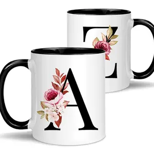 Floral Alphabet Pattern Coffee Mug, Funny Coffee Mug, 2 Counts/set Initial Letter Monogram Floral Alphabet Ceramic Cup, Birthday & Xmas Gifts for Women, Drinkware