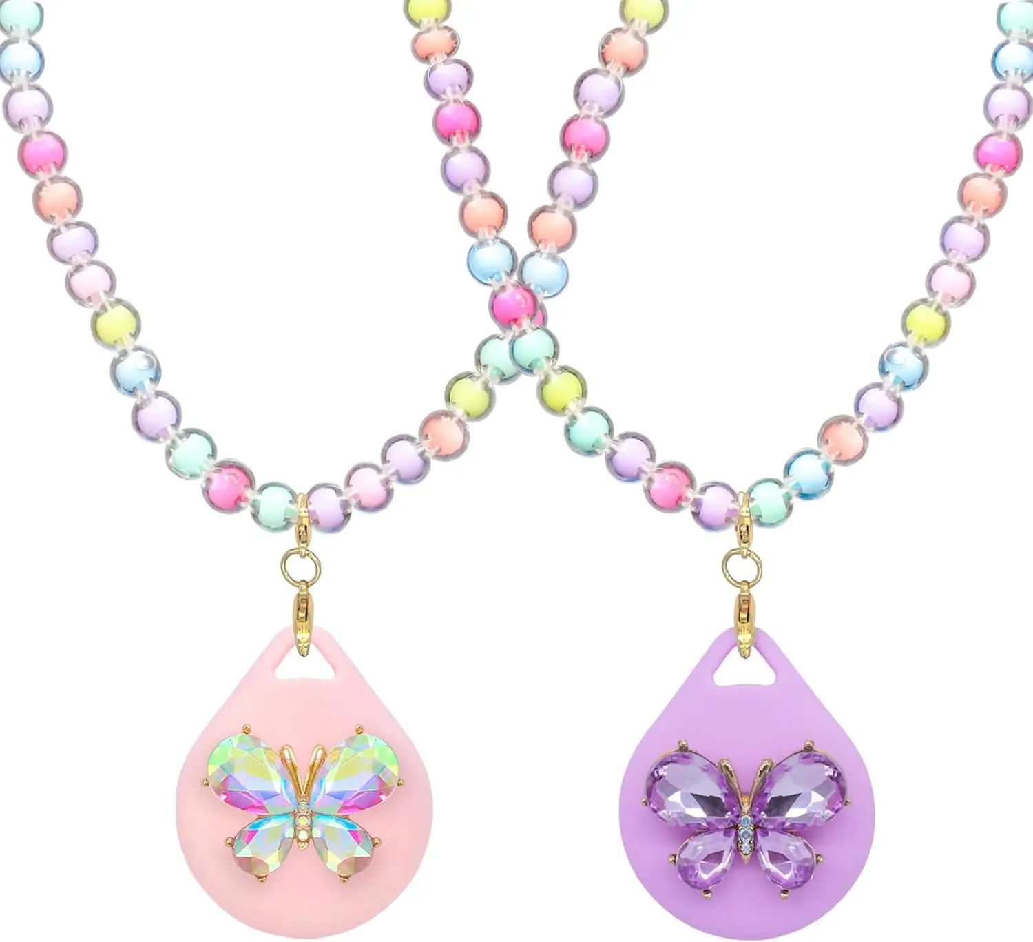 2 Pack  Necklace Holder for Airtag - Cute  Purple Butterfly Beaded Necklace Case Cover for Girls