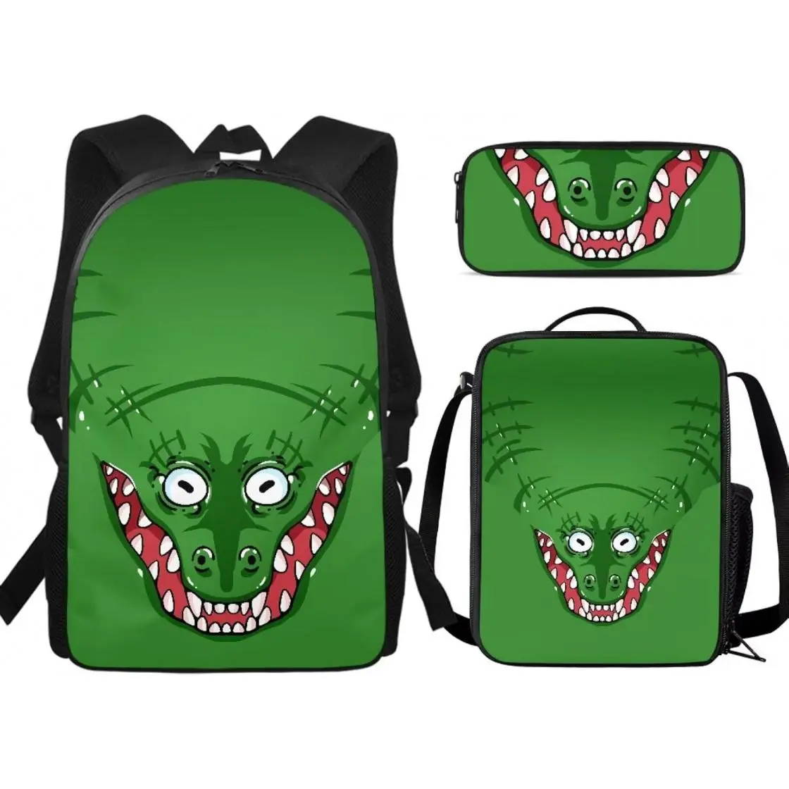 17 Inch 3-Piece Kids Backpack Set with Lunch Box and Pencil Case, Green Crocodile Monster Print Book Bag with Lightweight for Boys Girls, Suitable for Back to School & Everyday