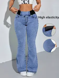 GILIPUR Y2K 2026 Women's Back Shirred Denim Jeans,Mid-Rise Elasticity Waist Flared Jeans,With Pockets,Light Blue Washing Process,Women's Bell-Bottoms Wide-Leg Jeans,Waist-Cinching Design,Tchic