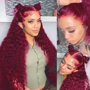 360 99j Burgundy Lace Front Wig Human Hair 180% Density Hidden Straps Deep Wave Wigs with Drawstring 360 Full Lace Wig for Women Pre Plucked With Baby Hair Wet and Wavy Human Hair Wig 30 Inch