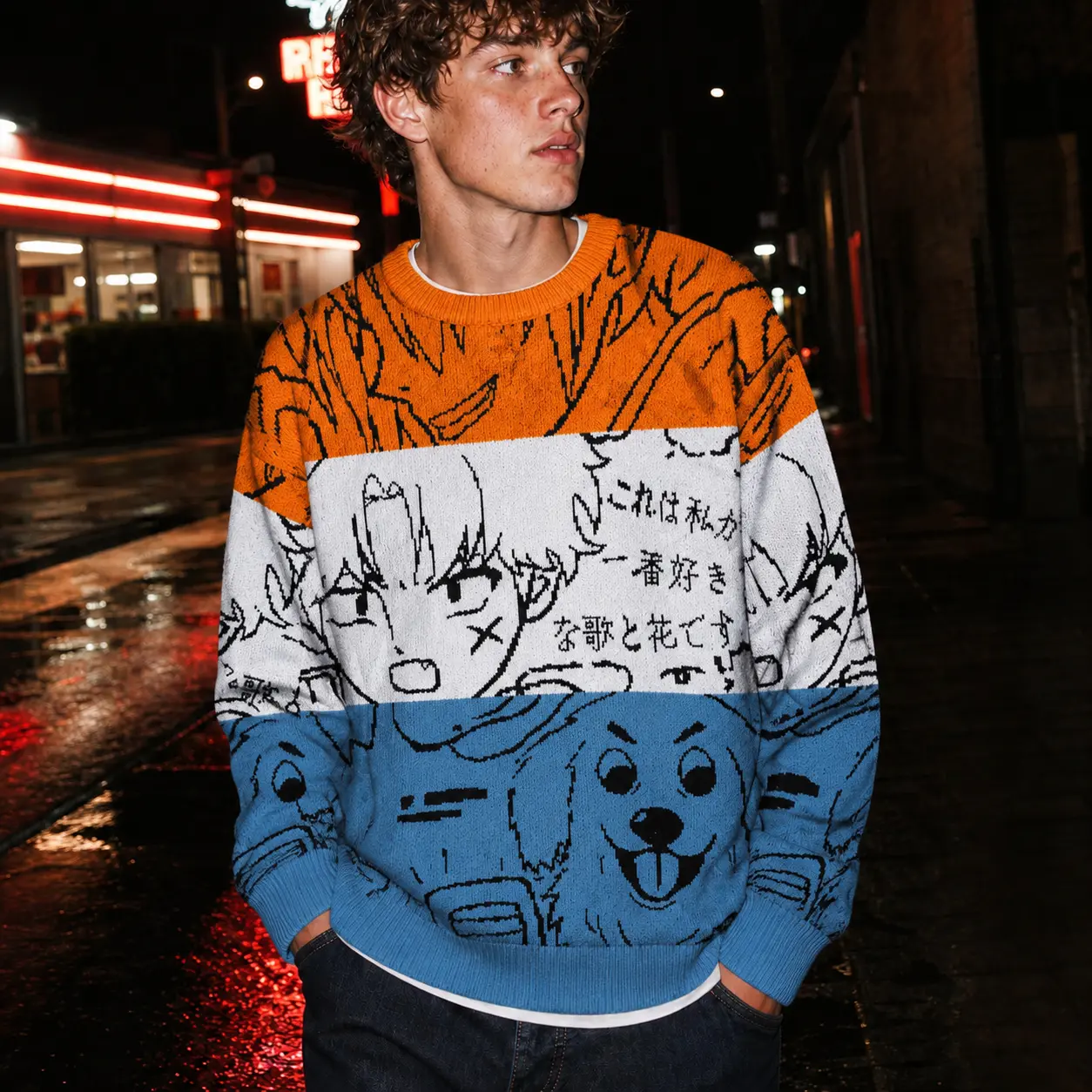 Mens Anime Graphic Sweater Color Block Knit Pullover Harajuku Streetwear Comic Print Crewneck Long Sleeve Tops Y2K Japanese Style Novelty Casual Knitwear Soft Cozy Jumper Ribbed Cuffs Fall Winter Everyday Essential S-XL Fashion Menswear