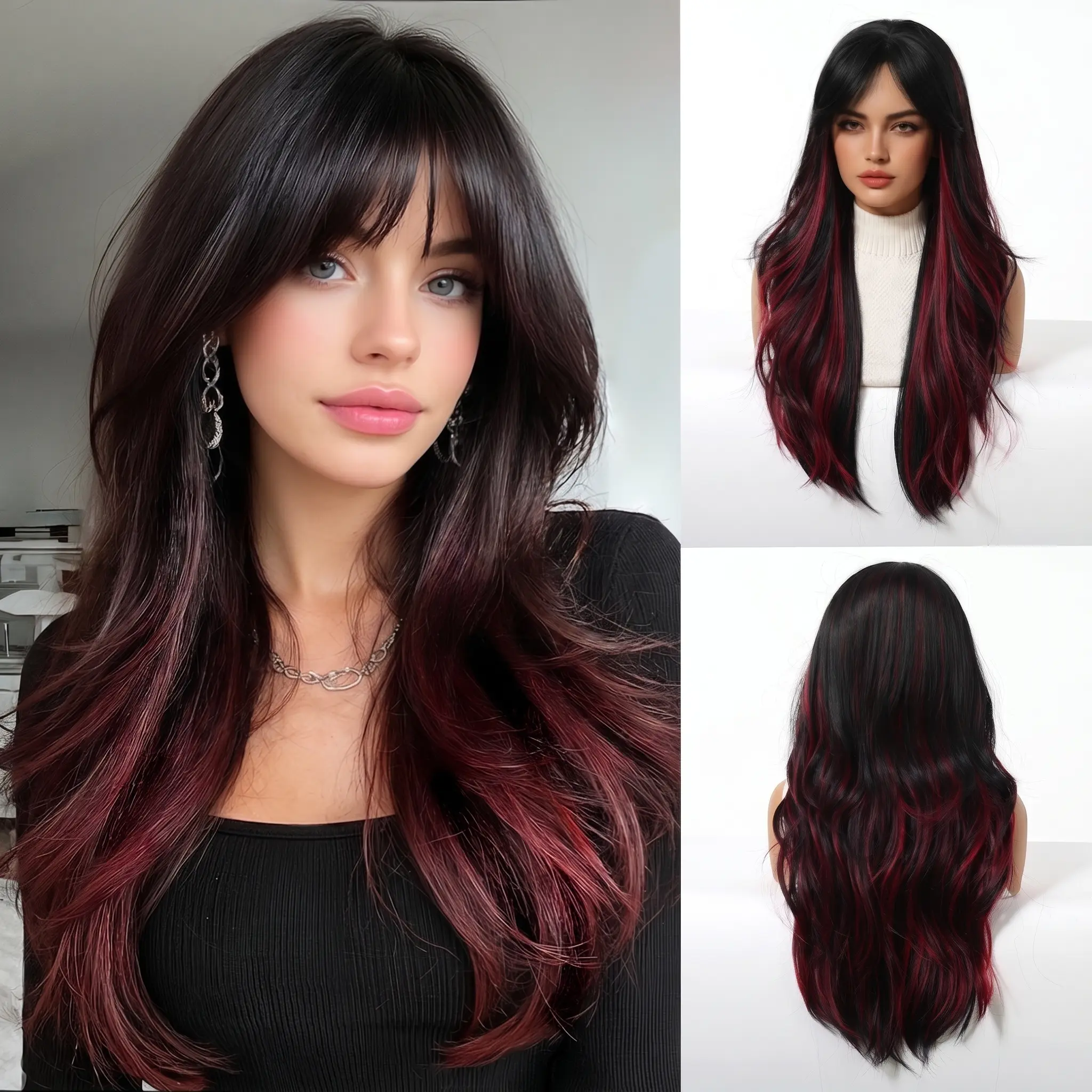 Premium Synthetic Full Machine Wig - 26 in Face-Framing Curtain Bangs, Loose Waves, Trendy Colored Blonde Wig for Party Wear