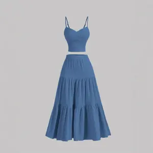 Summer Women Two Piece Set, Solid Woven Crop Cami Top with A-Line Skirt, Casual Fashion Daily Outdoor Ladies Outfits