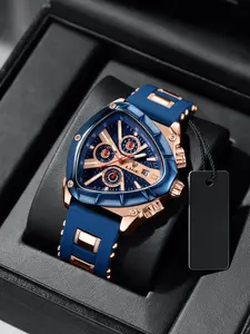 Men's Sportive Analog Quartz Movement Watch, Modern Fashionable Wristwatch, Casual Triangle Dial Sporty Watch with Gift Box, Trendy All-match & Exquisite Watch for Birthday Gift