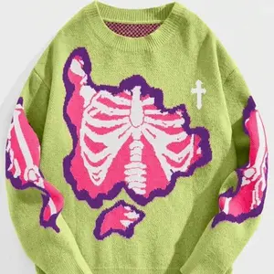 Grunge Punk Men's Skull Pattern Round Neck Sweater Menswear Hoodie Tops Pullover Long Sleeve Crewneck Casual Fashion Longsleeves Underwear Human Halloween book sweatshirts