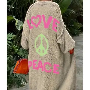 Women's Letter Print Drop Shoulder Long Sleeve?Cardigan, Casual Open Front Longline Cardigan?for Spring & Fall,?Summer Outfits 2024, Fashion Cozy ClothingilMf