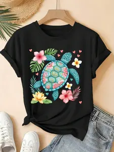 Women's Soft Cotton Spandex Short-Sleeve Round Neck Printed Top - 200GSM, Breathable, Sea Turtle Graphic, Tropical Floral Print, Everyday Casual Tee for Teachers