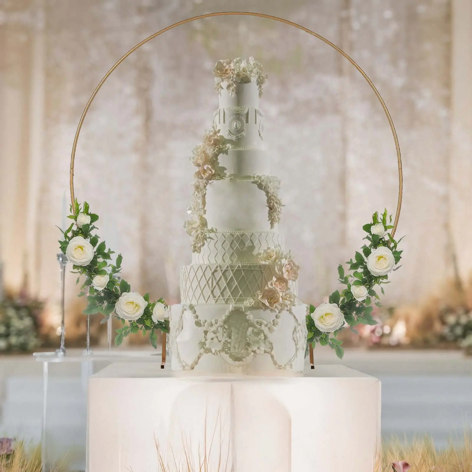 4ft Gold Metal Flower Hoop Frame Decor - Round Wedding Centerpieces, Dessert Table & Graduation Party Decoration, Outdoor Wedding Cake Display Stand