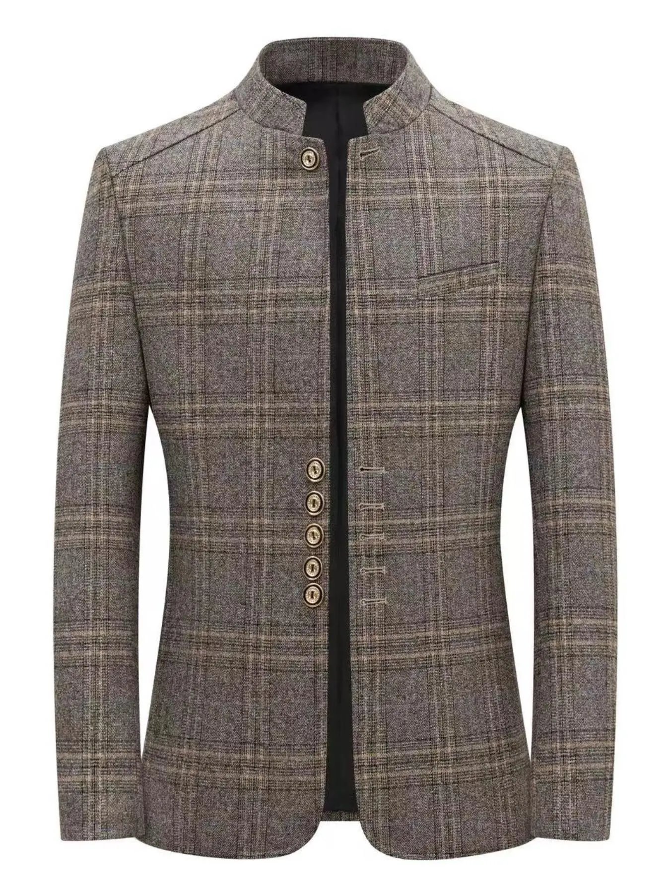 Men's Plaid Print Button Front Blazer, Slim Business Formal Suit Jacket for Spring & Fall, Men's Clothes for Work Office Business