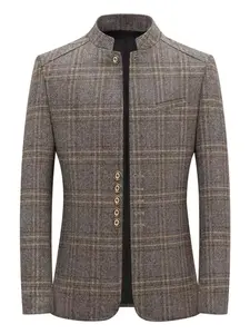 Men's Plaid Print Button Front Blazer, Slim Business Formal Suit Jacket for Spring & Fall, Men's Clothes for Work Office Business