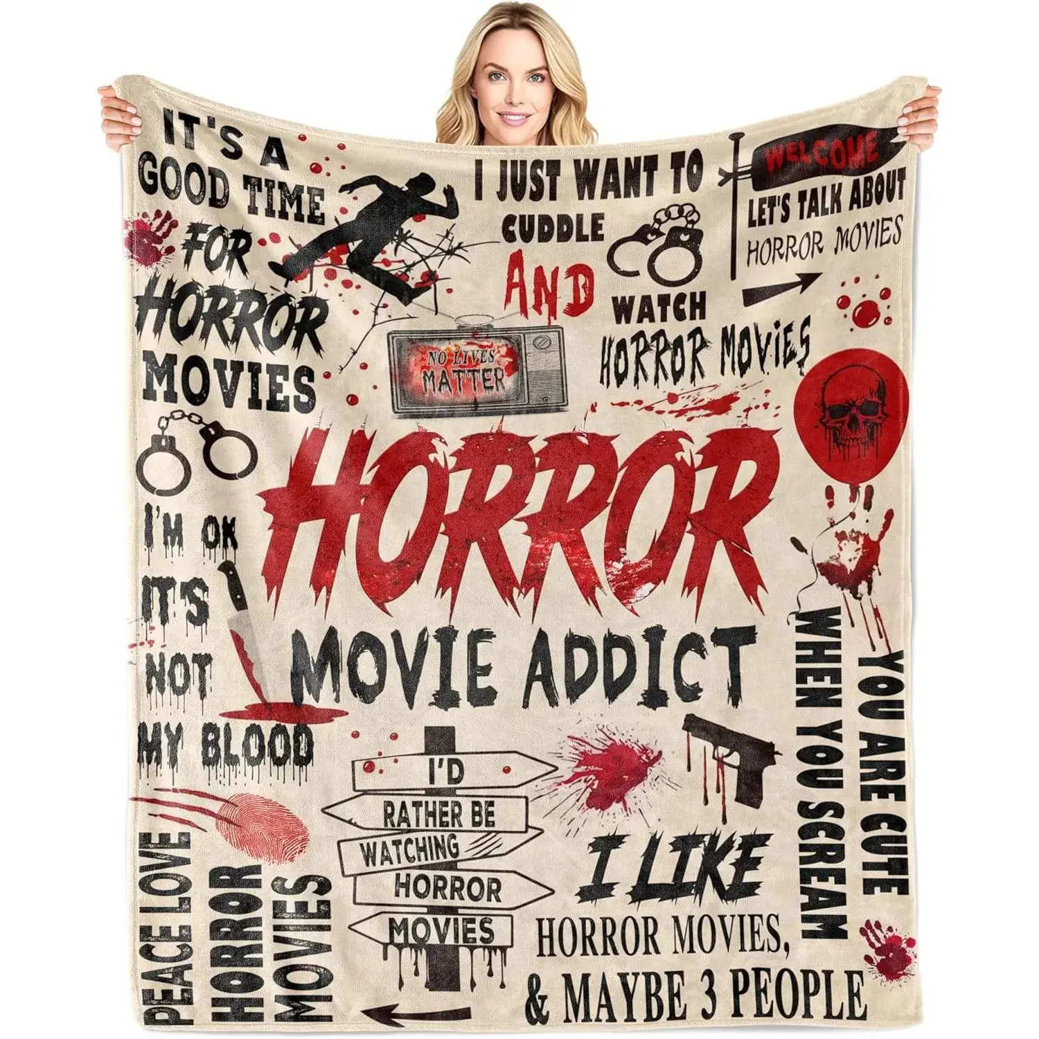 Vintage Horror Movie Addict Quote Fleece Throw Blanket, Scary Blood Splatter Spooky Halloween Soft Flannel Blanket, Horror Lover Gift for Movie Night Couch Decor