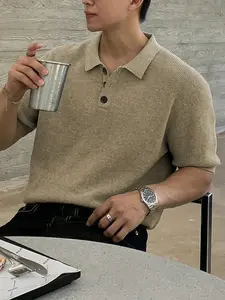 Spring Summer Casual Unisex Knit Sweater, Short Sleeve V-Neck Button Front, Loose Fit Lightweight Business Style, Men Women, Polo