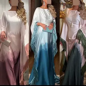 J-206 Fringe Maxi Dress with Gradient Print, Luxurious Fabric, Long Sleeves, Abaya Style, Women's Fashion Outfit