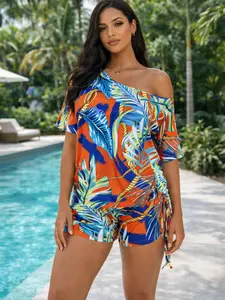 Tropical Print Off-Shoulder Jumpsuit, Summer Vacation Style, Showcasing Charming Vitality, Women's Casual One-Piece Romper, Womenswear, Fashion, Fit, Fitted