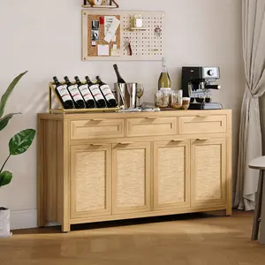 Rattan Sideboard Buffet Cabinet with 4 Doors & 3 Drawers, Boho Credenza Storage Cabinet with Adjustable Shelves, Mid Century Wood Buffet Table Coffee Bar for Kitchen, Living Room