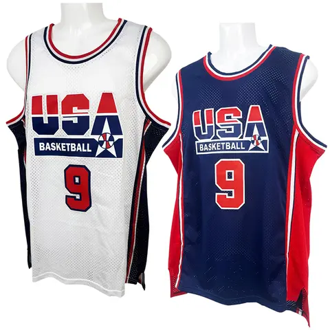 Men's 1992 USA #9 Retro Pure Cotton Round Neck Basketball Jersey & Shorts Set - Breathable Mesh, Sewn Embroidery, Texture Variant, Casual Loose Activewear, American Sizing S-3XL, White/Blue, Gym Workout, Customization, Cold Wash, Do Not Dry Clean