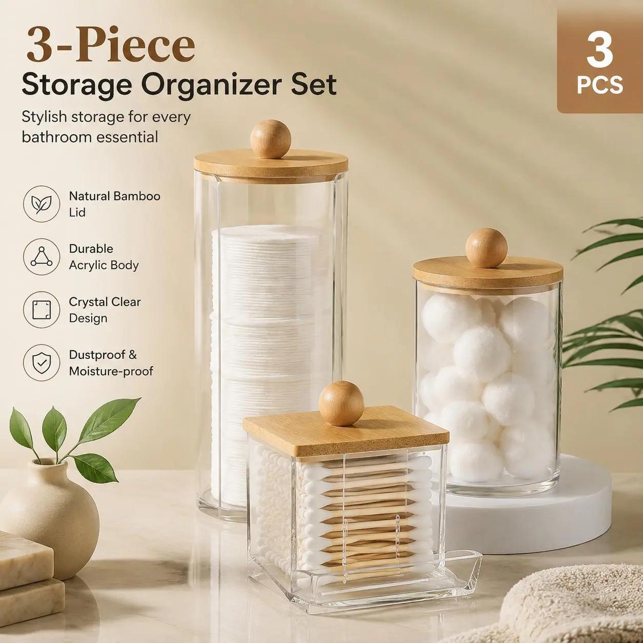 3 Pack Cotton Swab Jars + Tall Jars Set