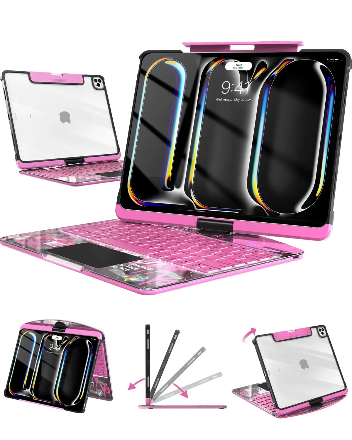 All-in-One Clear Keyboard Case for iPad Pro 11 12.9 Air 56 10th Gen, 360 Degree Rotatable Stand, Built-in WirelessBluetooth Keyboard